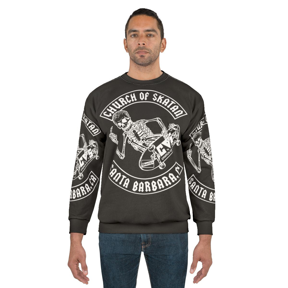 Church of Skatan White Sweatshirt with Skeleton Design