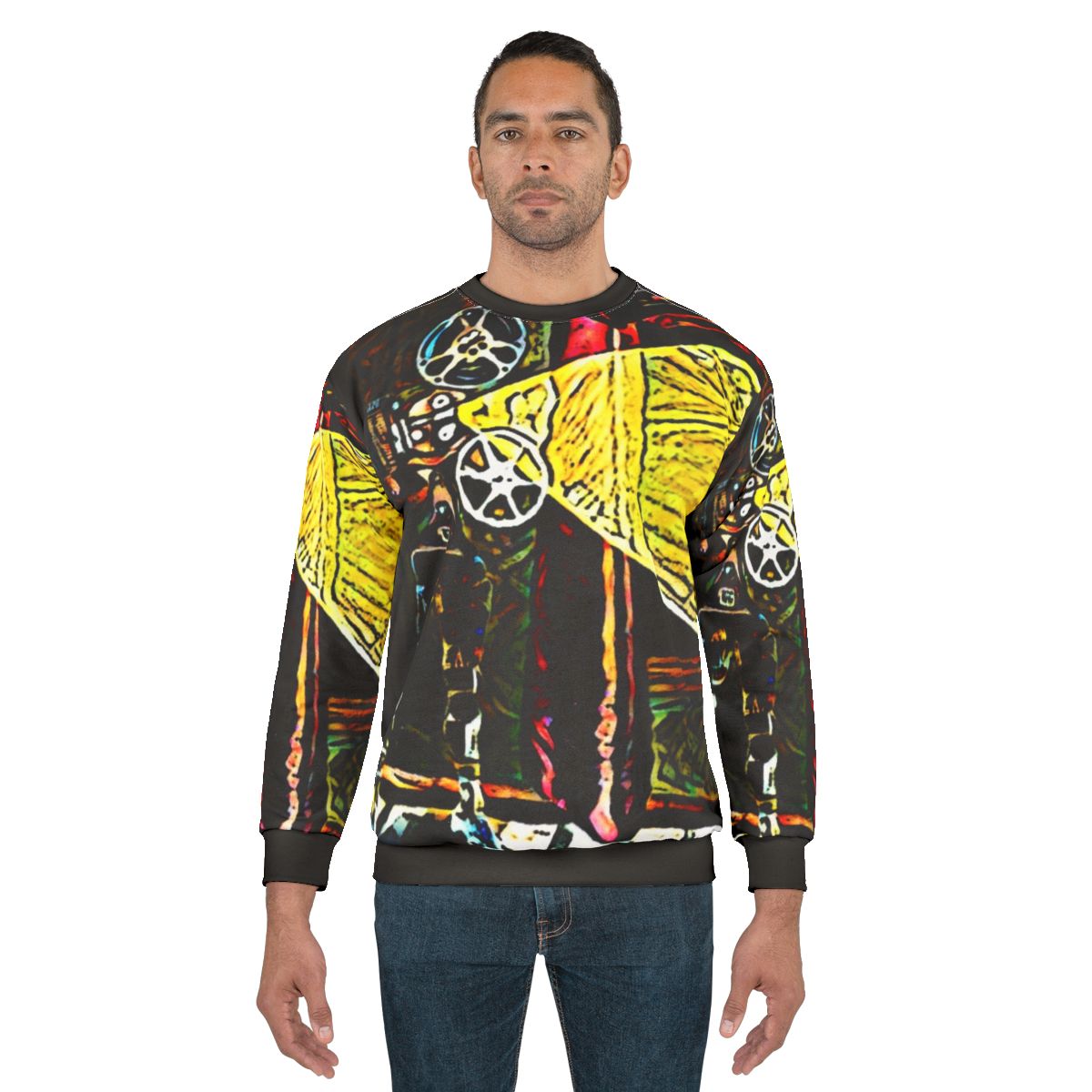 Cinema-inspired sweatshirt with a surreal, projector-themed design
