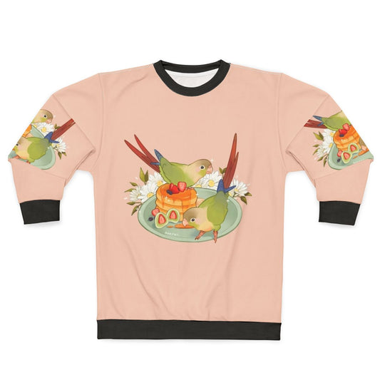 Cinnamon conure parrot on a cozy sweatshirt with fluffy pancake prints