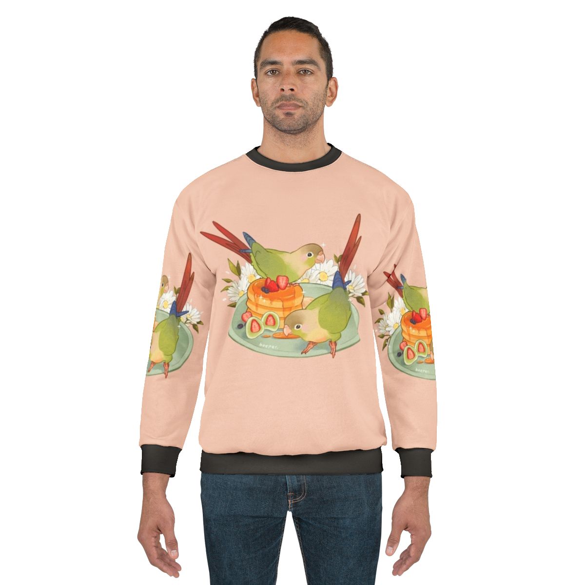 Cinnamon conure parrot on a cozy sweatshirt with fluffy pancake prints