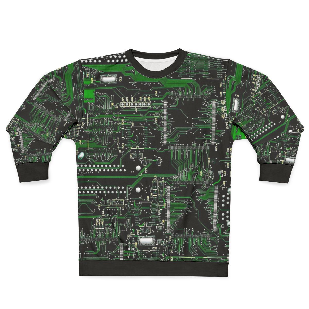 Green sweatshirt with circuit board design for technology enthusiasts