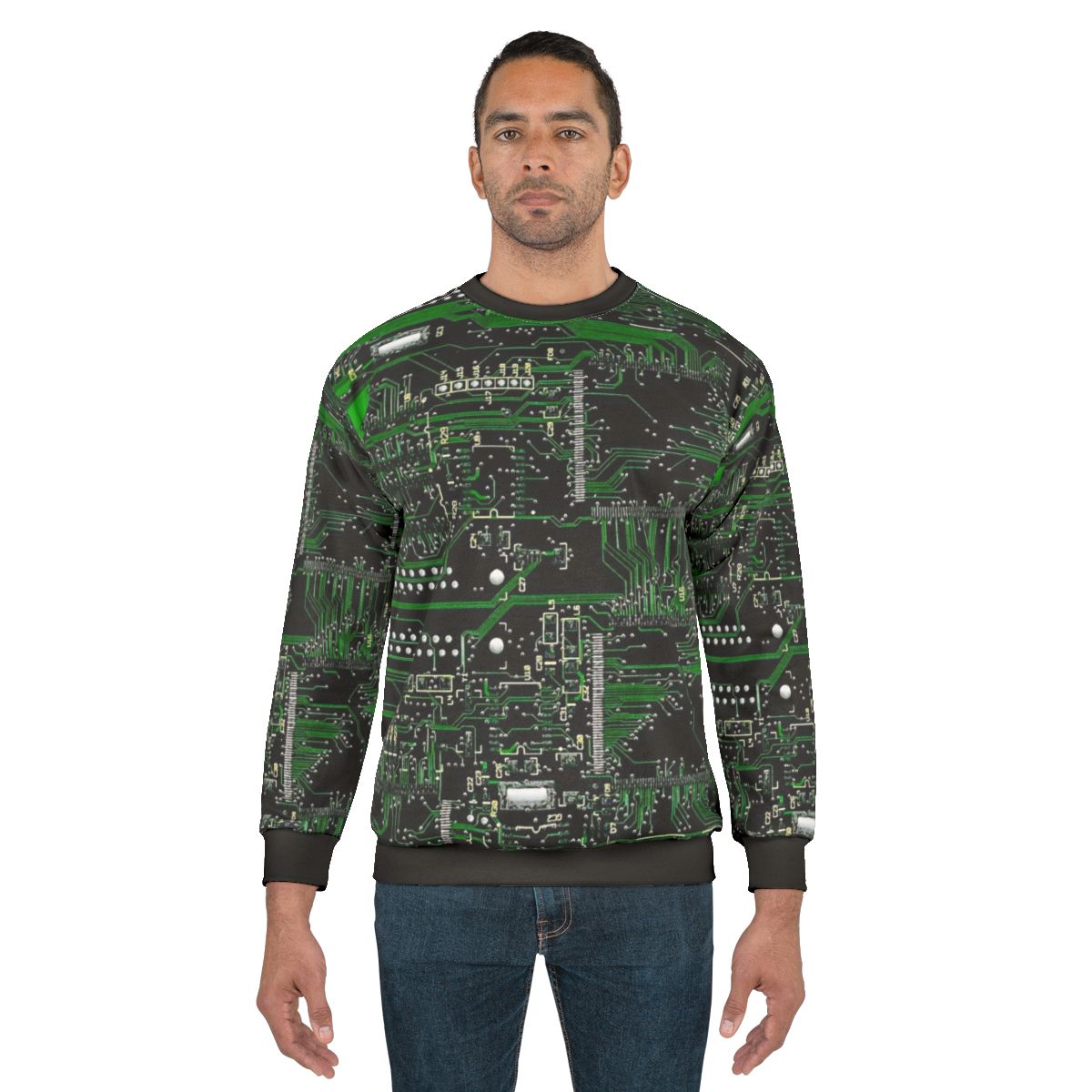 Green sweatshirt with circuit board design for technology enthusiasts