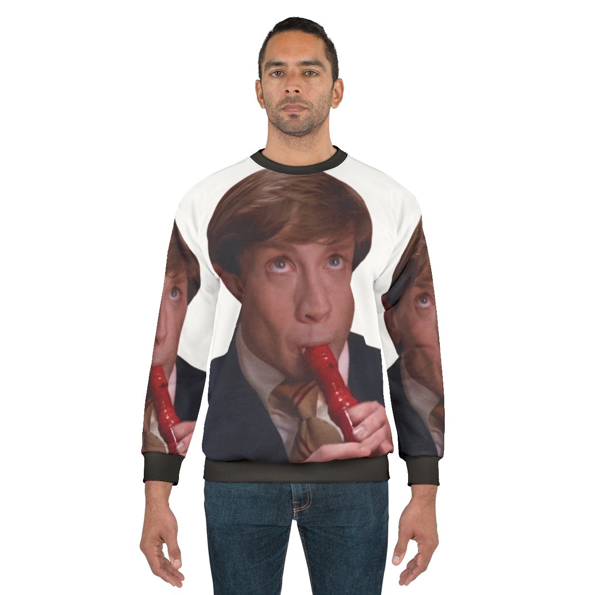Sweatshirt featuring Clifford the long-necked boy playing a recorder