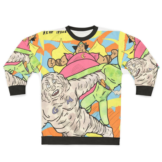 Cute Cloudman, Glueman, and Moon Alien superhero characters on a pastel sweatshirt