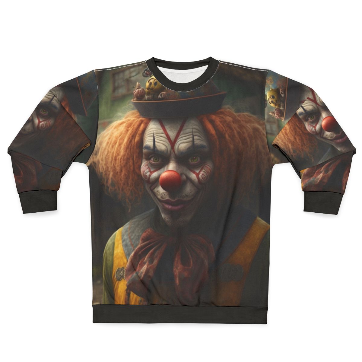 Clown-themed sweatshirt with clowns at the market design