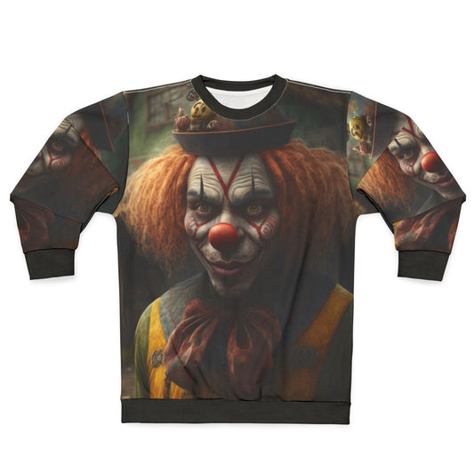 Clown-themed sweatshirt with clowns at the market design