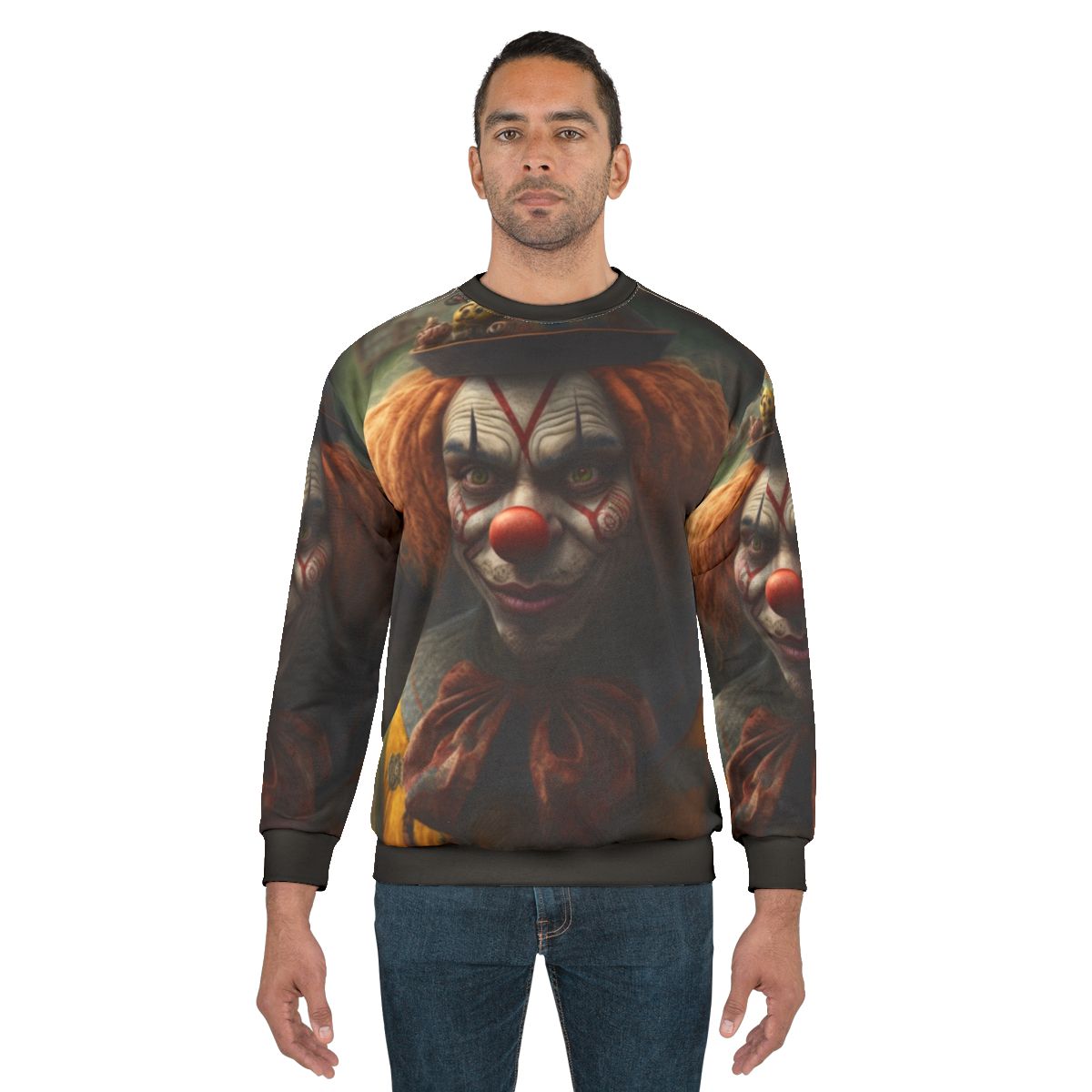 Clown-themed sweatshirt with clowns at the market design