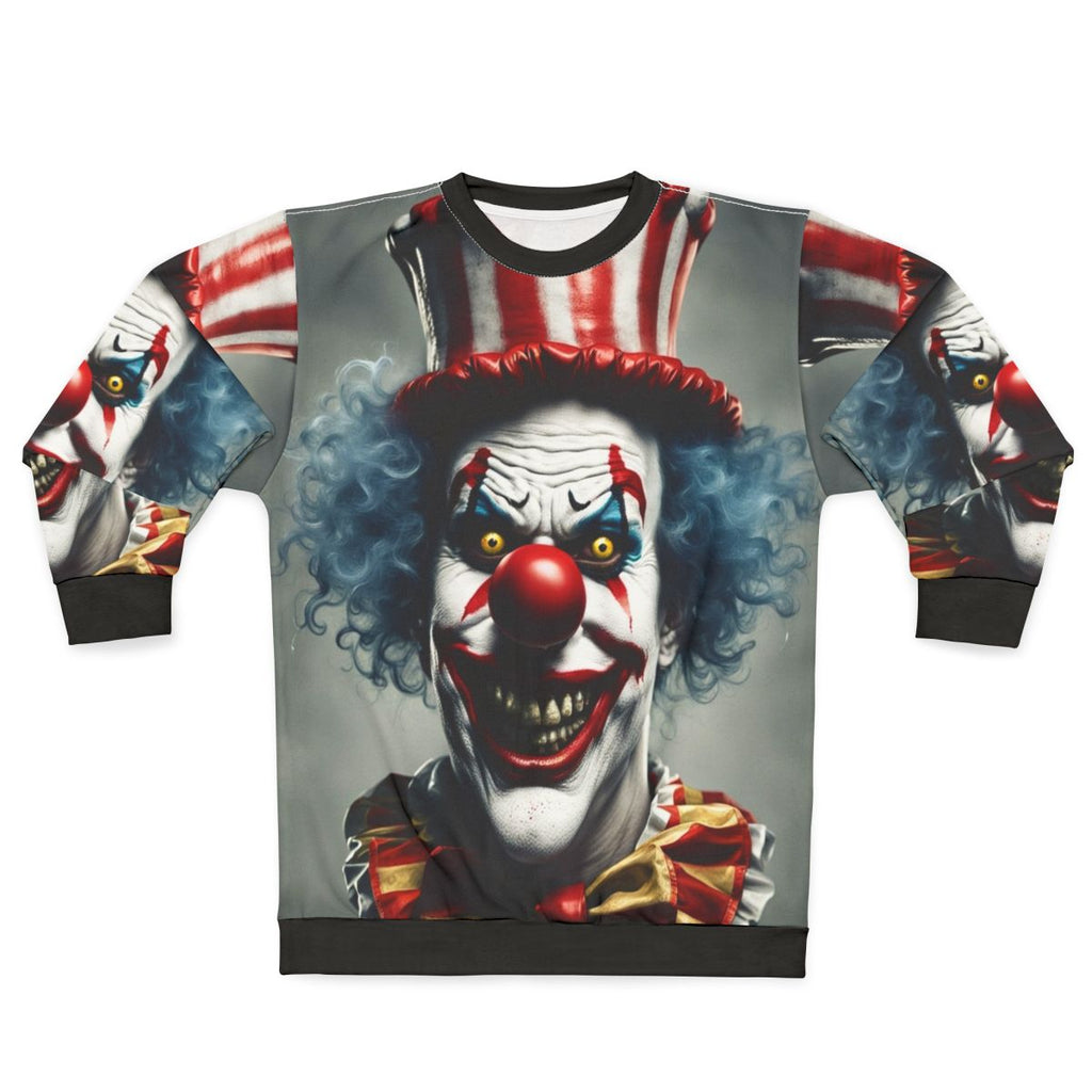 Creepy clown face on a black sweatshirt