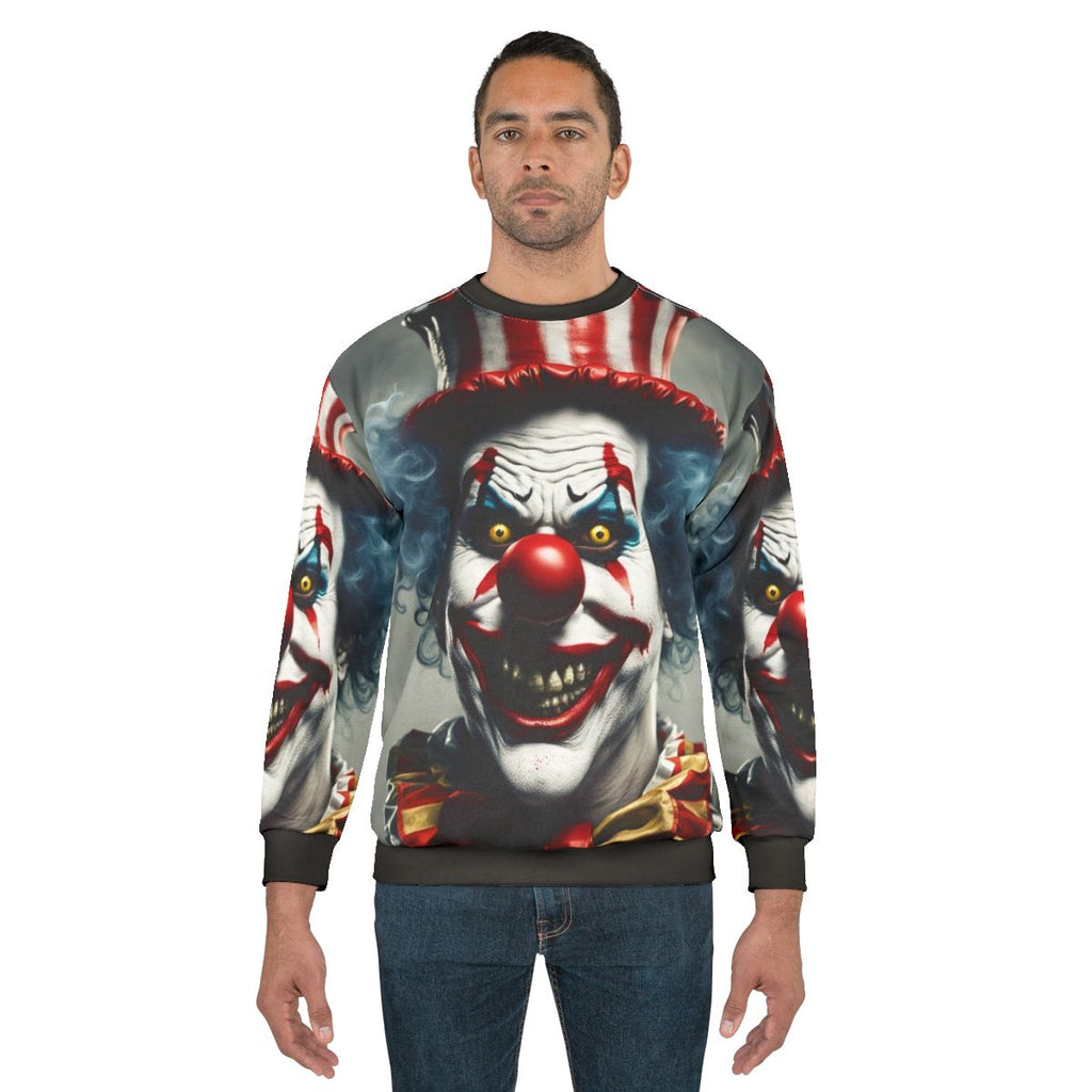 Creepy clown face on a black sweatshirt