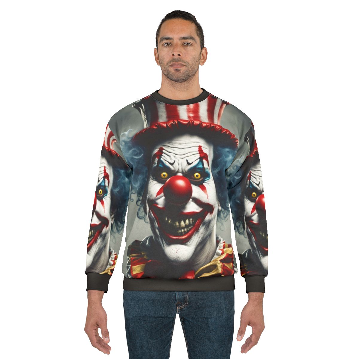Creepy clown face on a black sweatshirt