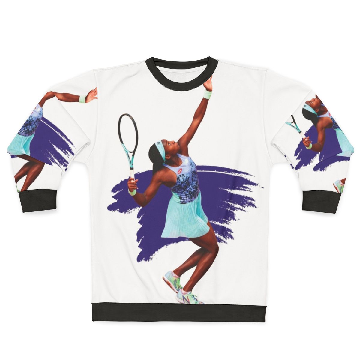 Coco Gauff playing tennis on a stylish sweatshirt