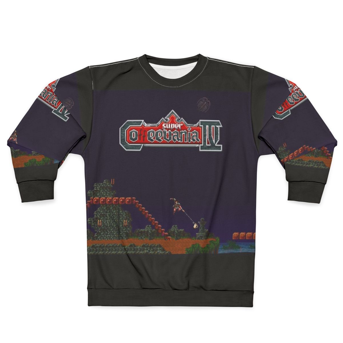 Coffeevania Castlevania inspired gaming sweatshirt with retro SNES pixel art
