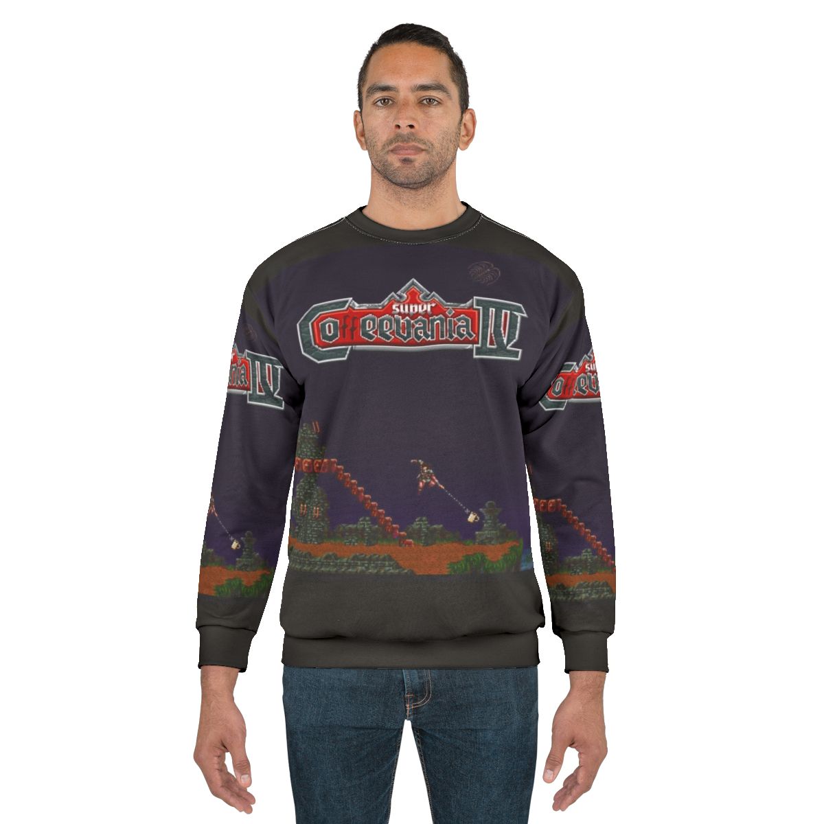 Coffeevania Castlevania inspired gaming sweatshirt with retro SNES pixel art