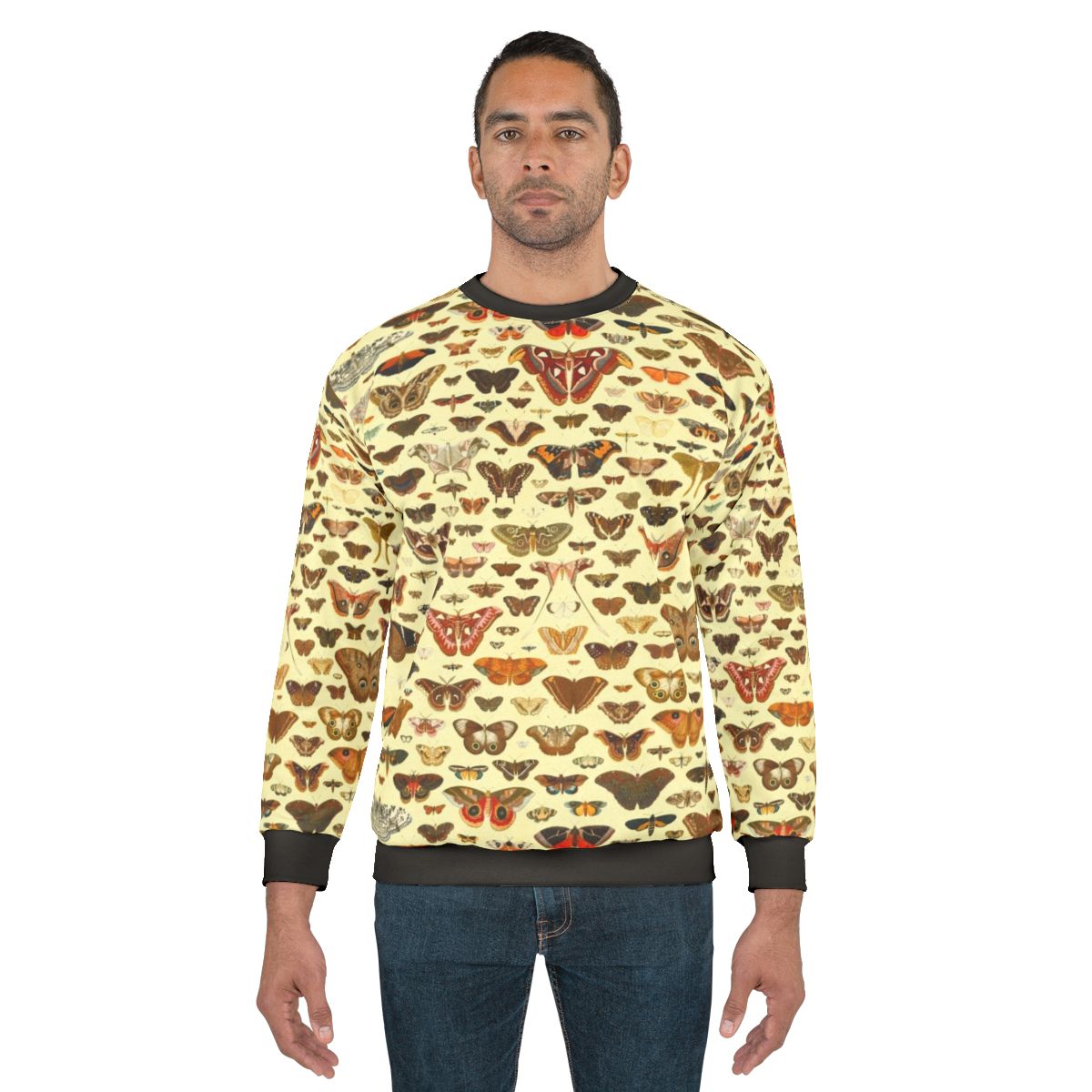Vintage-style sweatshirt featuring a collection of butterflies and moths