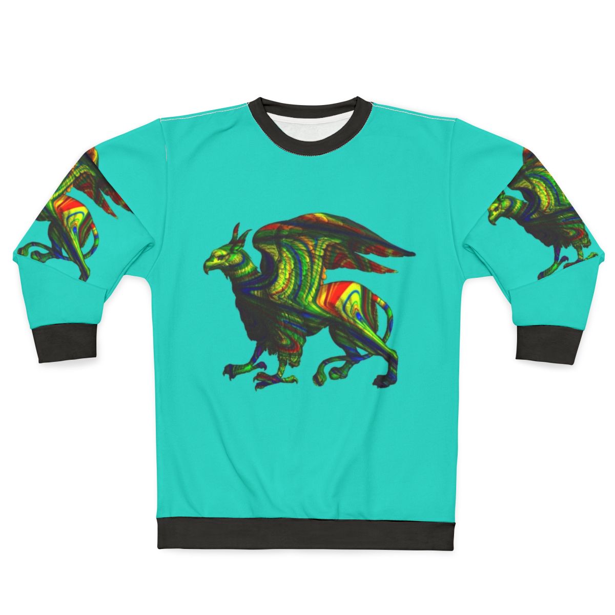 Colorful abstract griffin aqua sweatshirt with mythical creature silhouette art