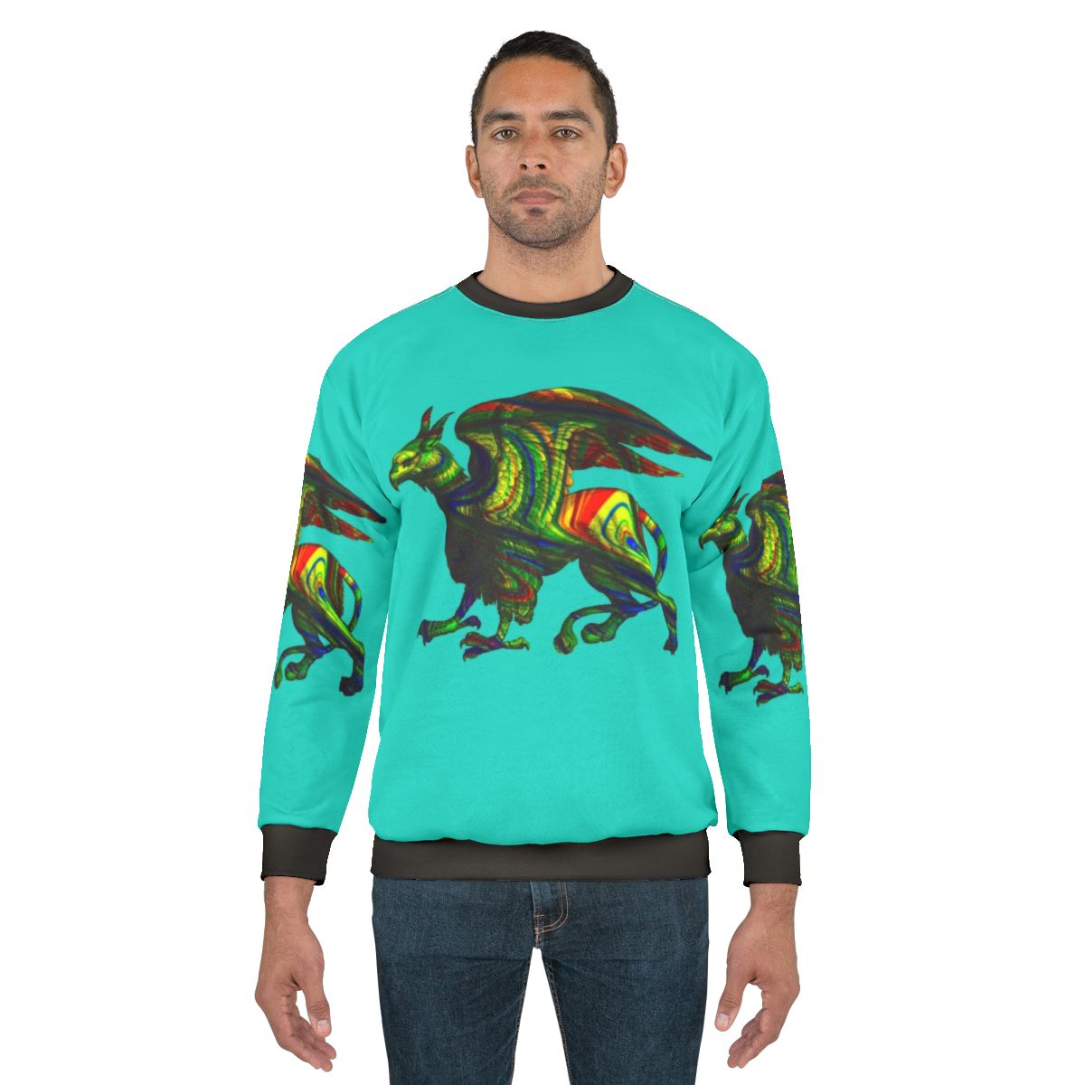 Colorful abstract griffin aqua sweatshirt with mythical creature silhouette art