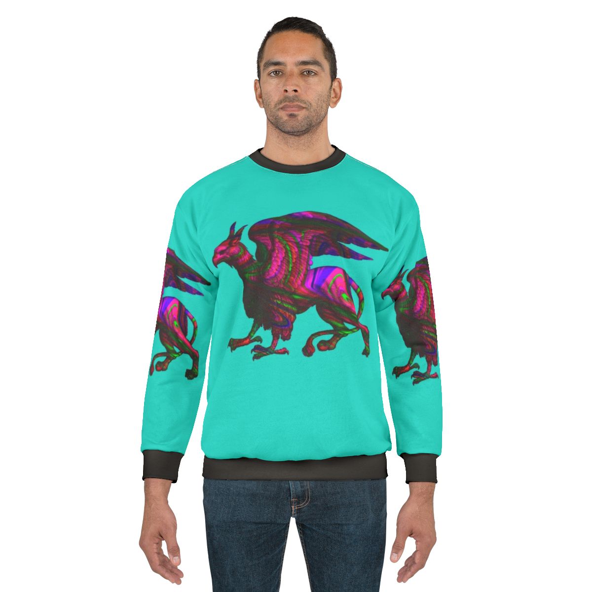 Colorful abstract griffin sweatshirt with mythological silhouette art