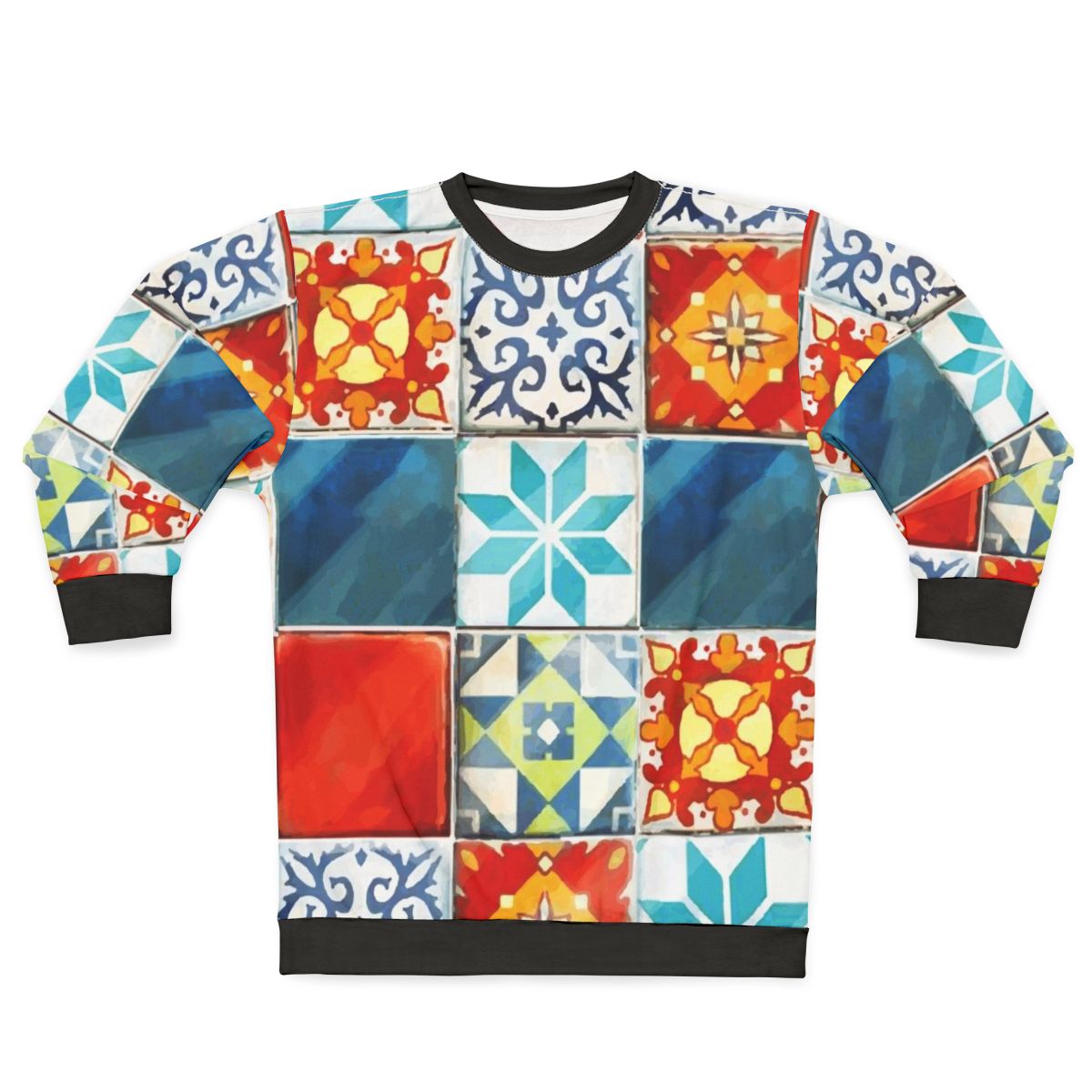 Colorful abstract grid design sweatshirt inspired by Azul board game tiles