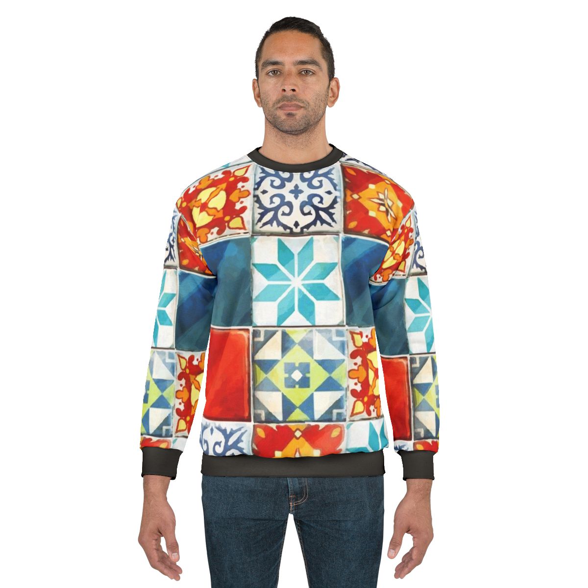 Colorful abstract grid design sweatshirt inspired by Azul board game tiles