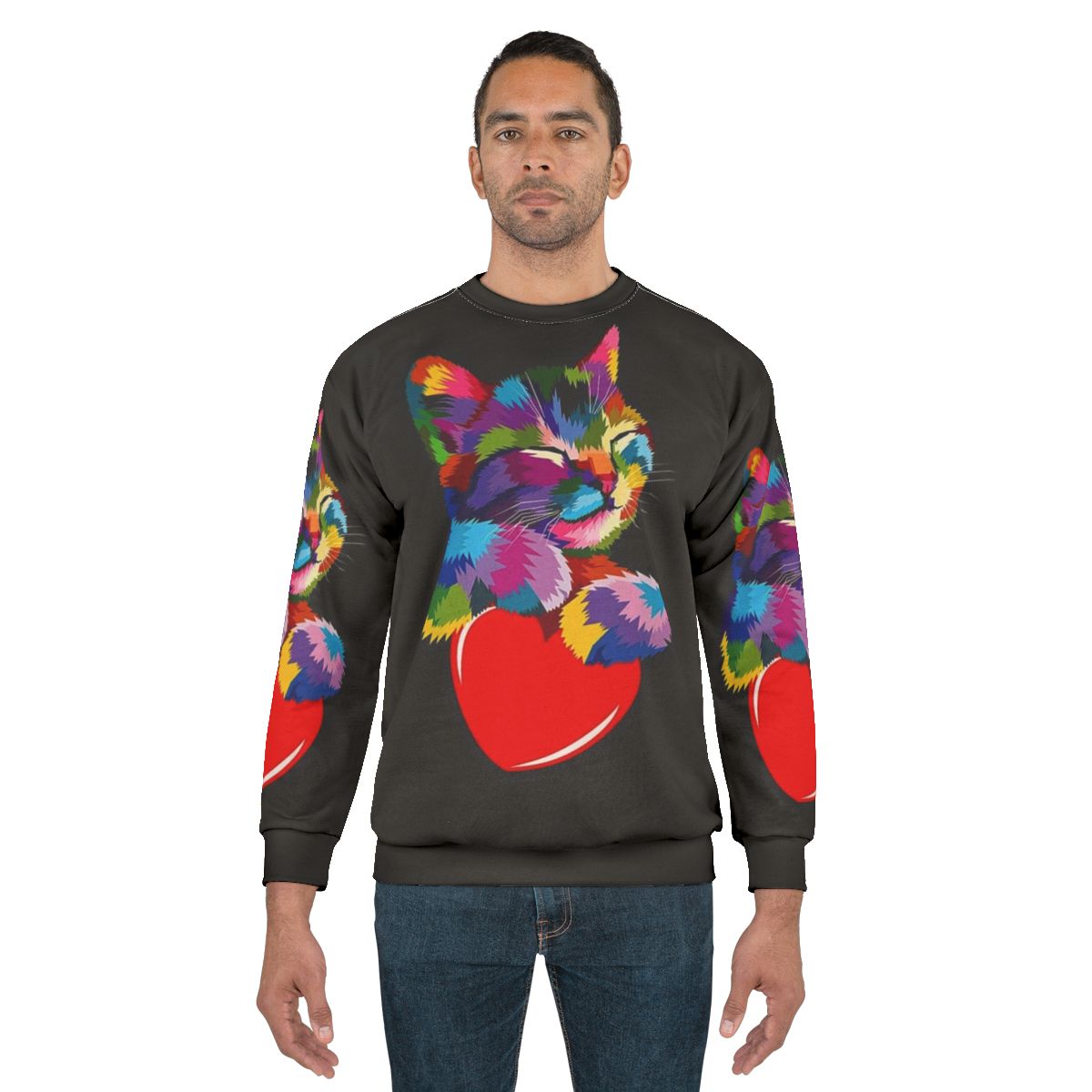 Colorful cat hugging heart graphic sweatshirt
