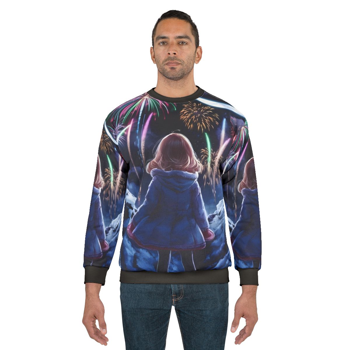 Vibrant anime fireworks sweatshirt with a colorful fantasy design