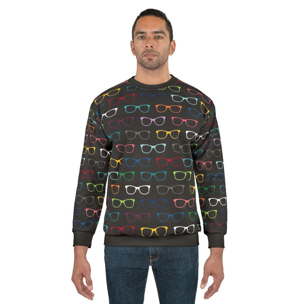 Colorful sweatshirt with a trendy eyeglasses pattern
