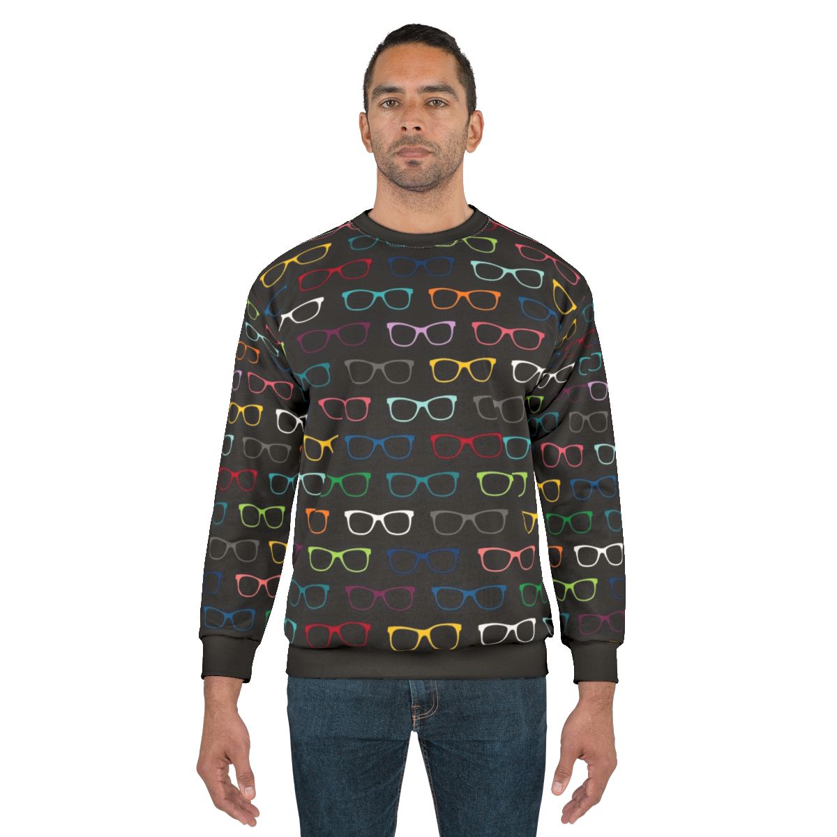 Colorful sweatshirt with a trendy eyeglasses pattern
