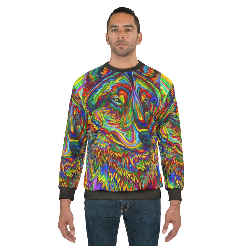 Colorful psychedelic rainbow trippy wolf sweatshirt design