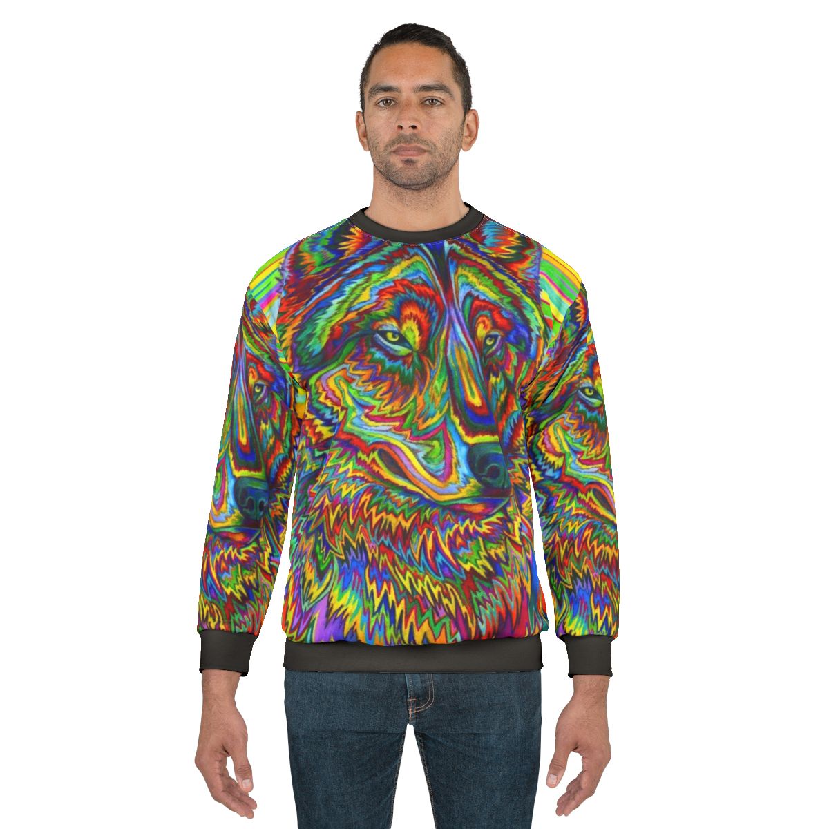Colorful psychedelic rainbow trippy wolf sweatshirt design