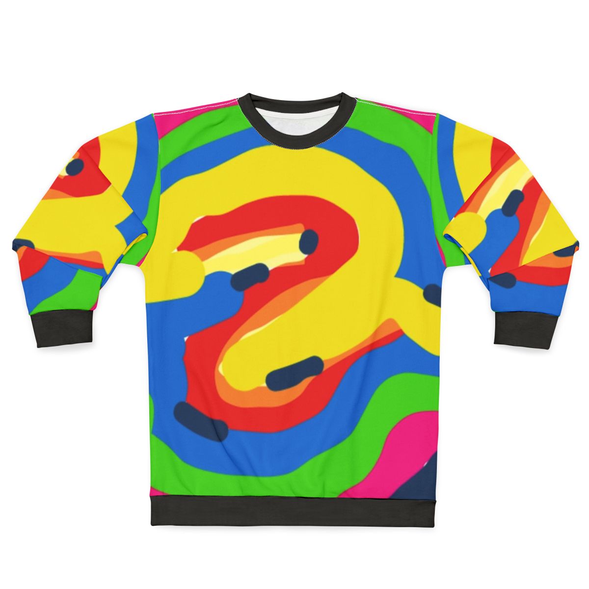Colorful graphic sweatshirt with various patterns and designs
