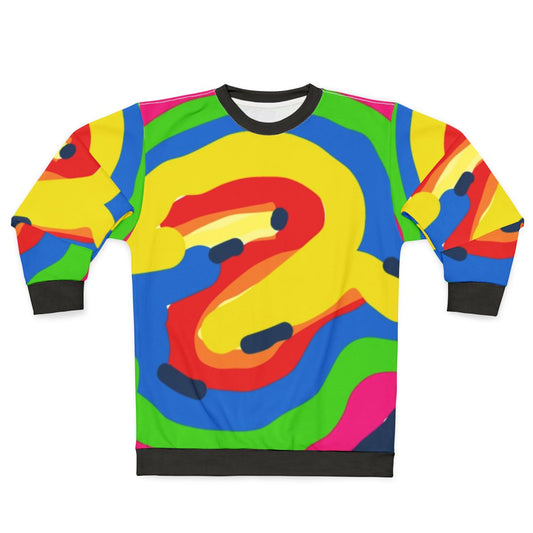 Colorful graphic sweatshirt with various patterns and designs