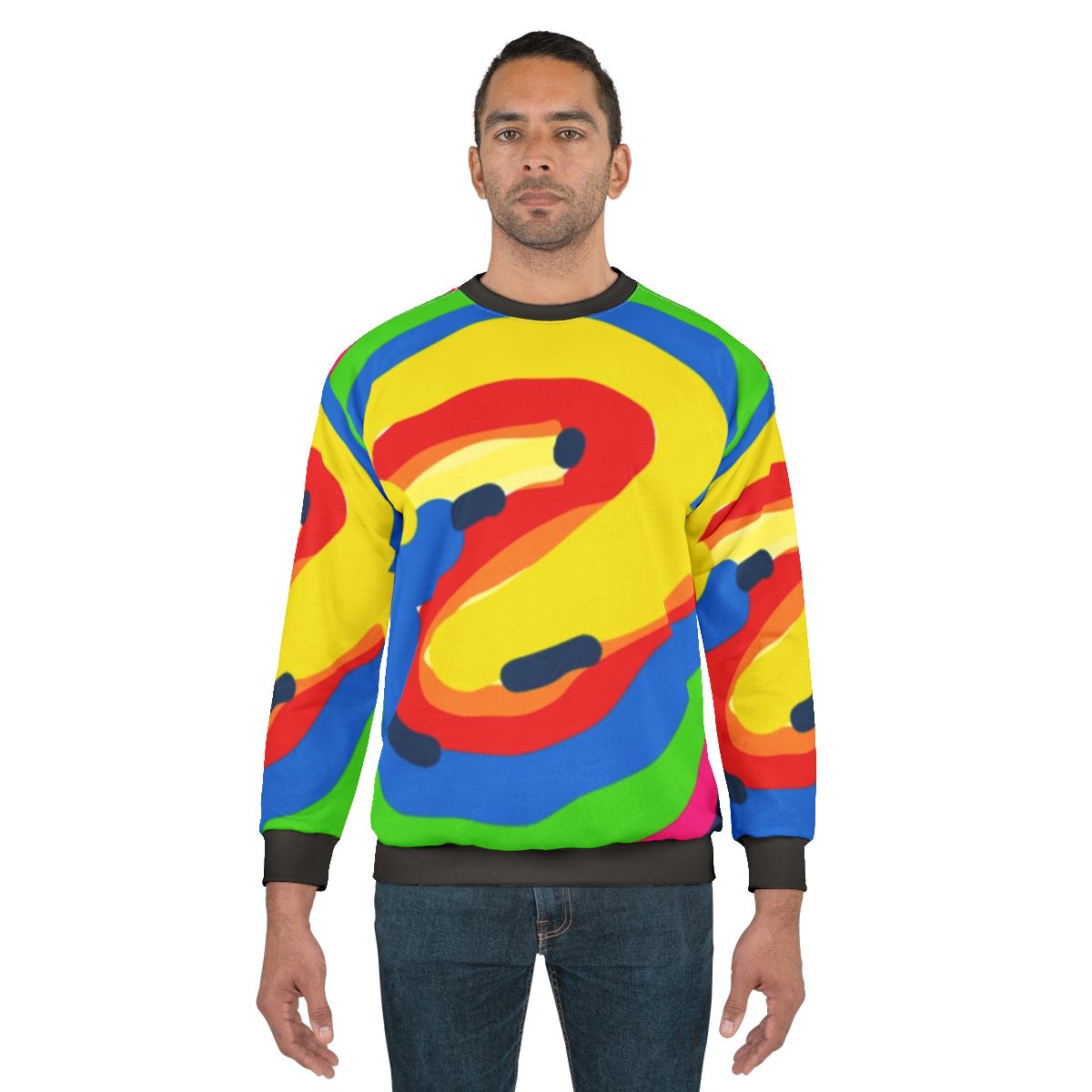 Colorful graphic sweatshirt with various patterns and designs
