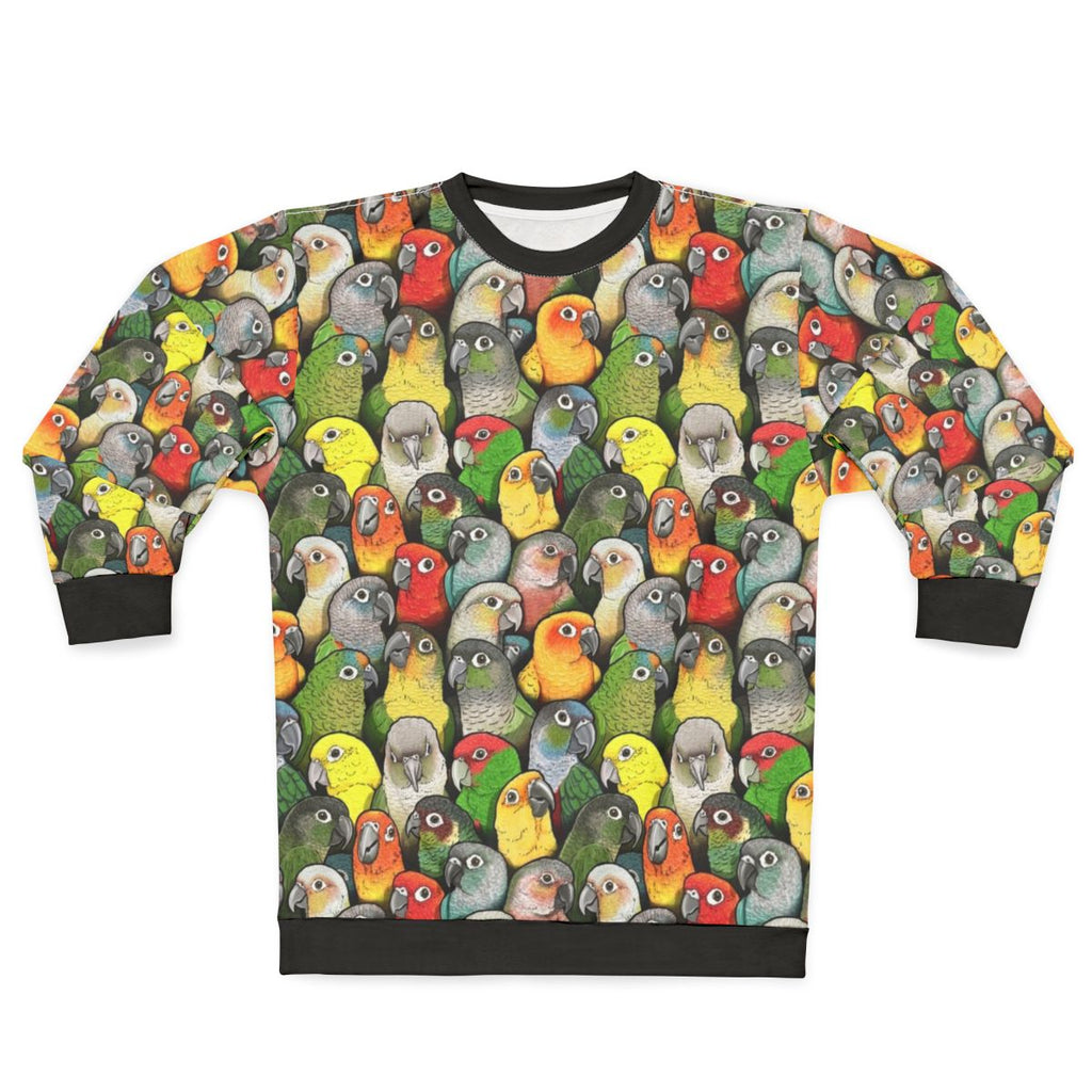 Colourful conure bird sweatshirt with vibrant feather pattern