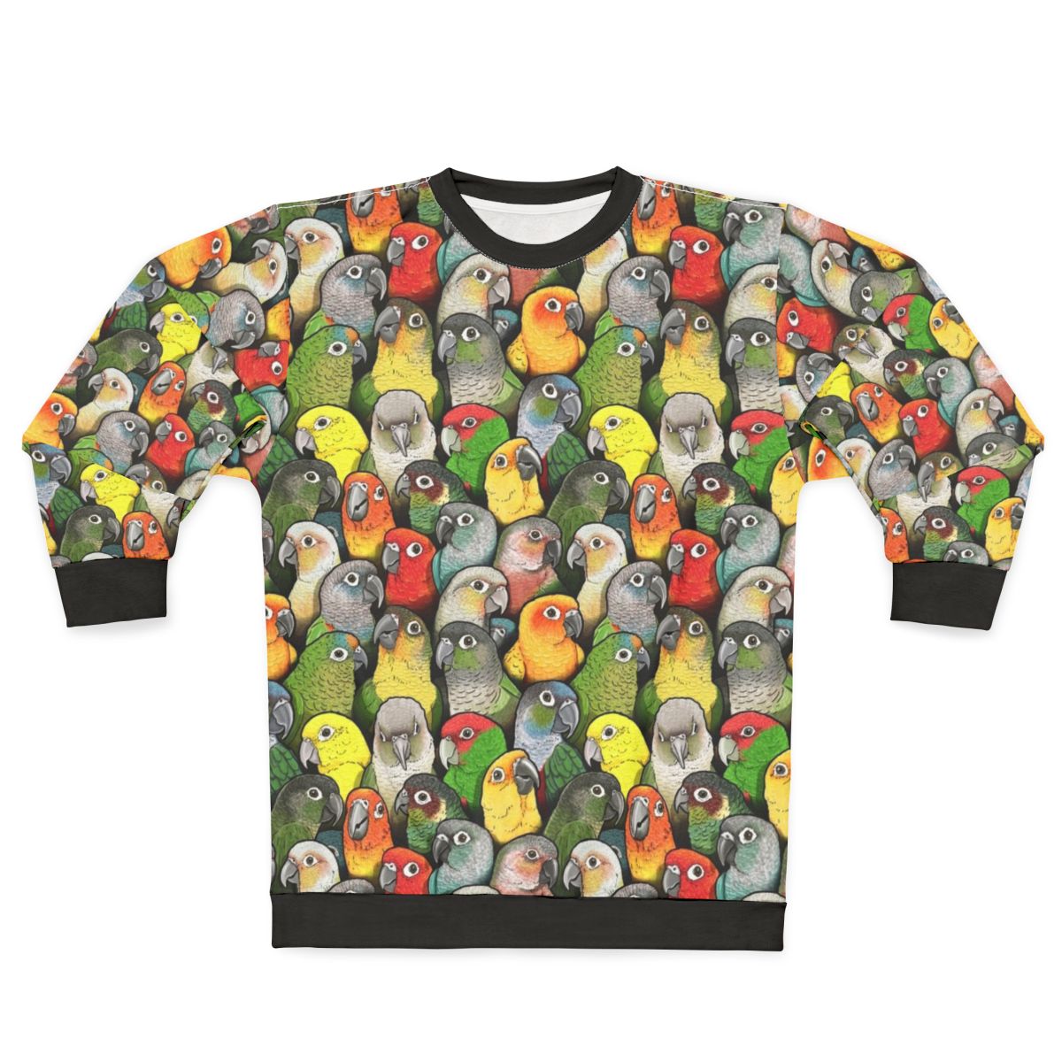 Colourful conure bird sweatshirt with vibrant feather pattern