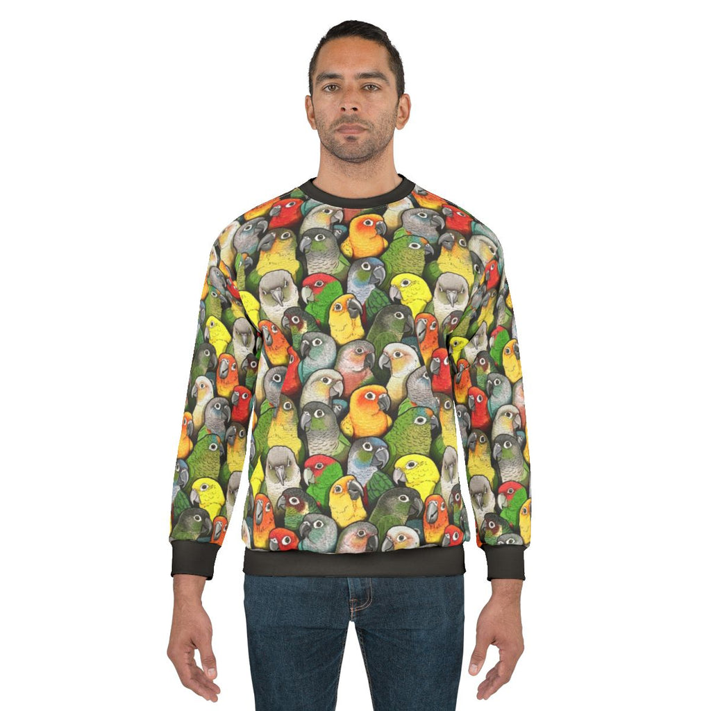 Colourful conure bird sweatshirt with vibrant feather pattern