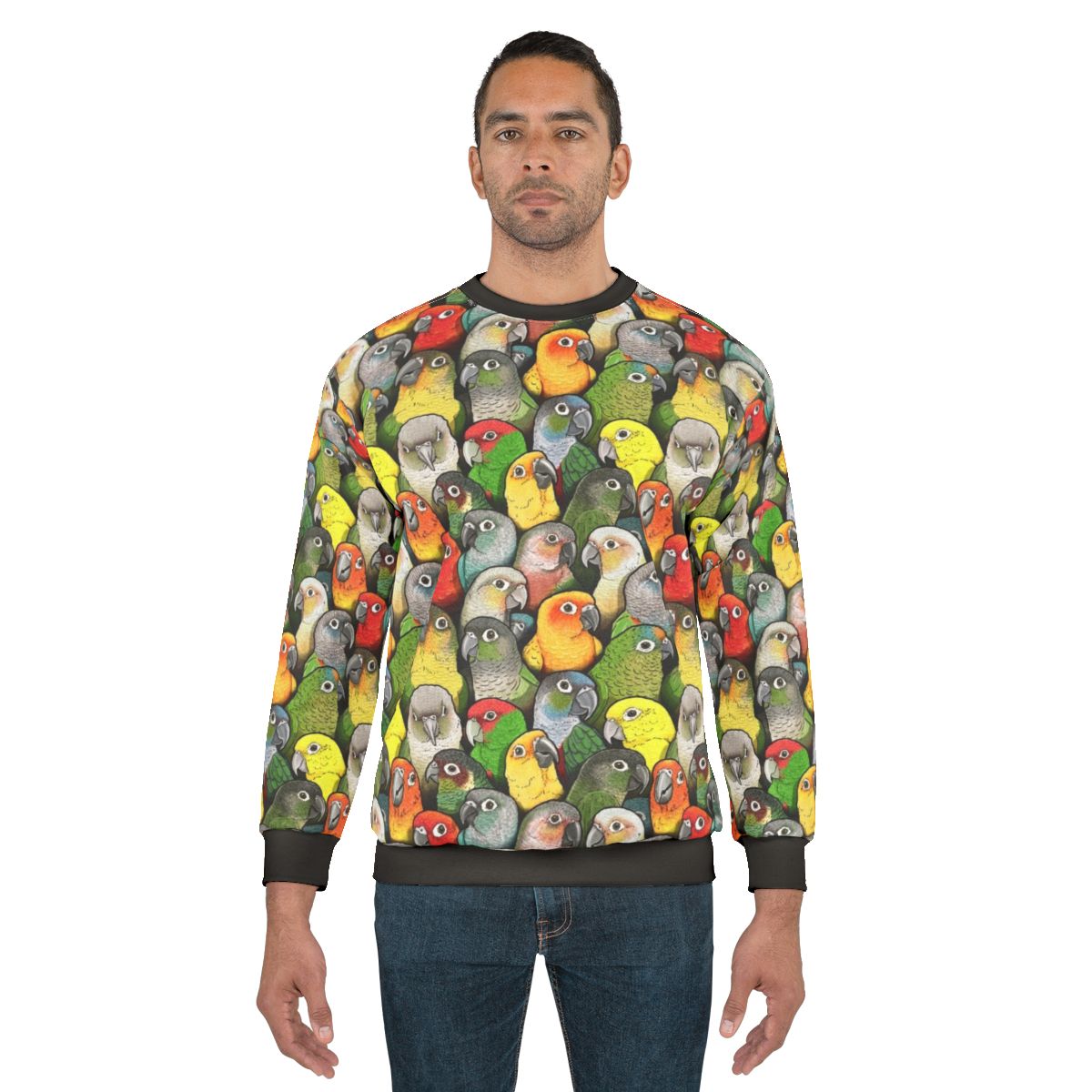 Colourful conure bird sweatshirt with vibrant feather pattern