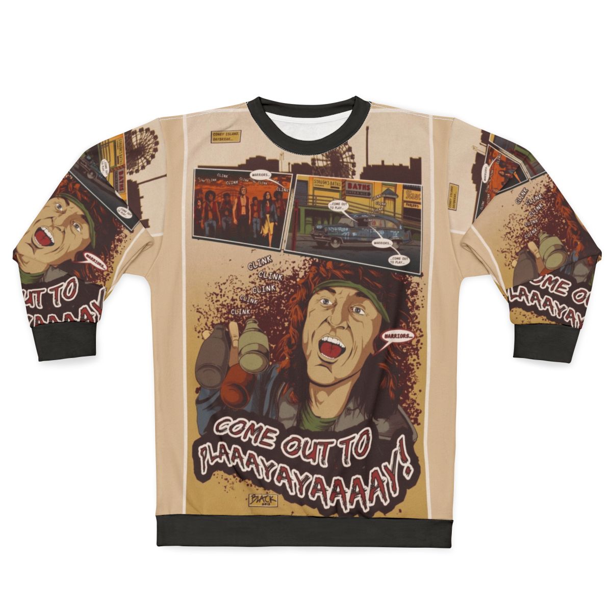 "The Warriors 'Come Out to Play' Retro Sweatshirt featuring movie quotes and comic-style art"
