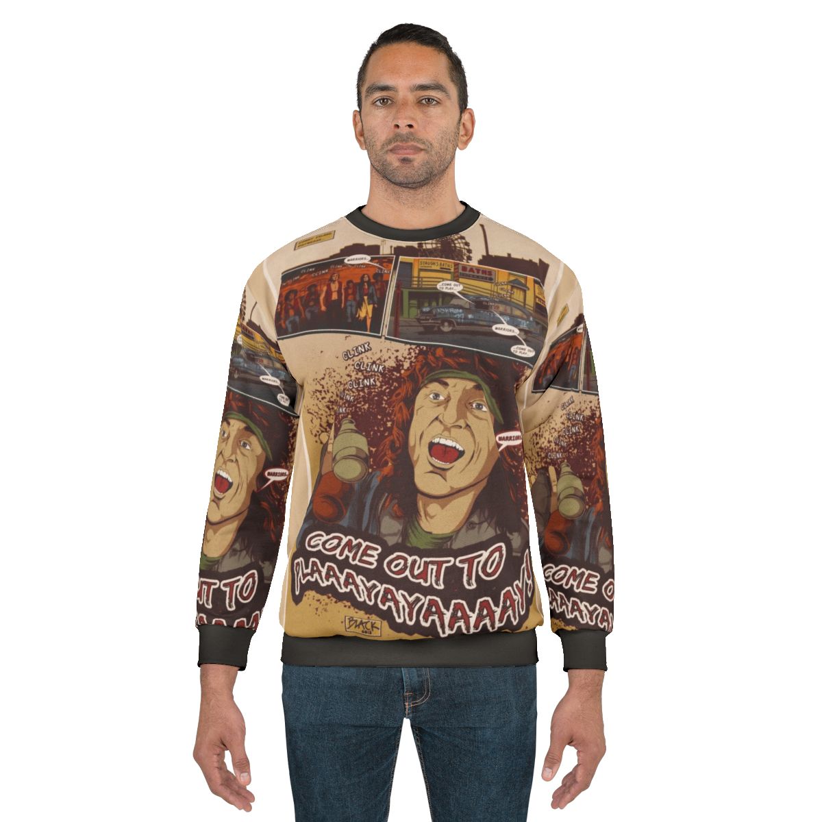 "The Warriors 'Come Out to Play' Retro Sweatshirt featuring movie quotes and comic-style art"