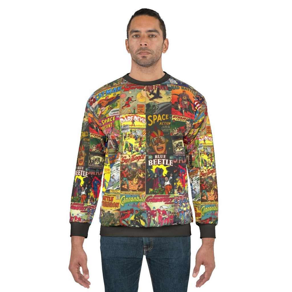 Retro comic book collage graphic sweatshirt