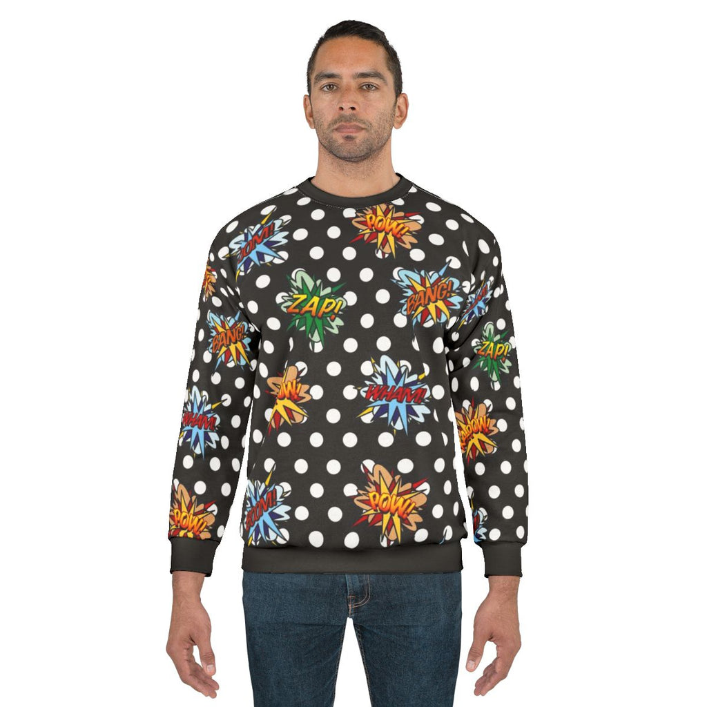 Pop art comic book inspired sweatshirt with modern graphic design