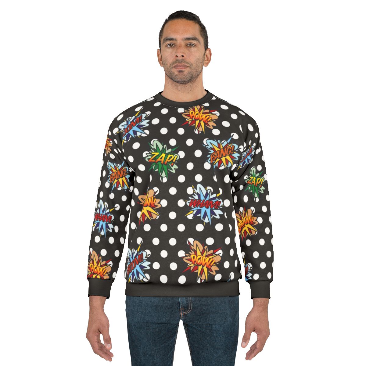 Pop art comic book inspired sweatshirt with modern graphic design