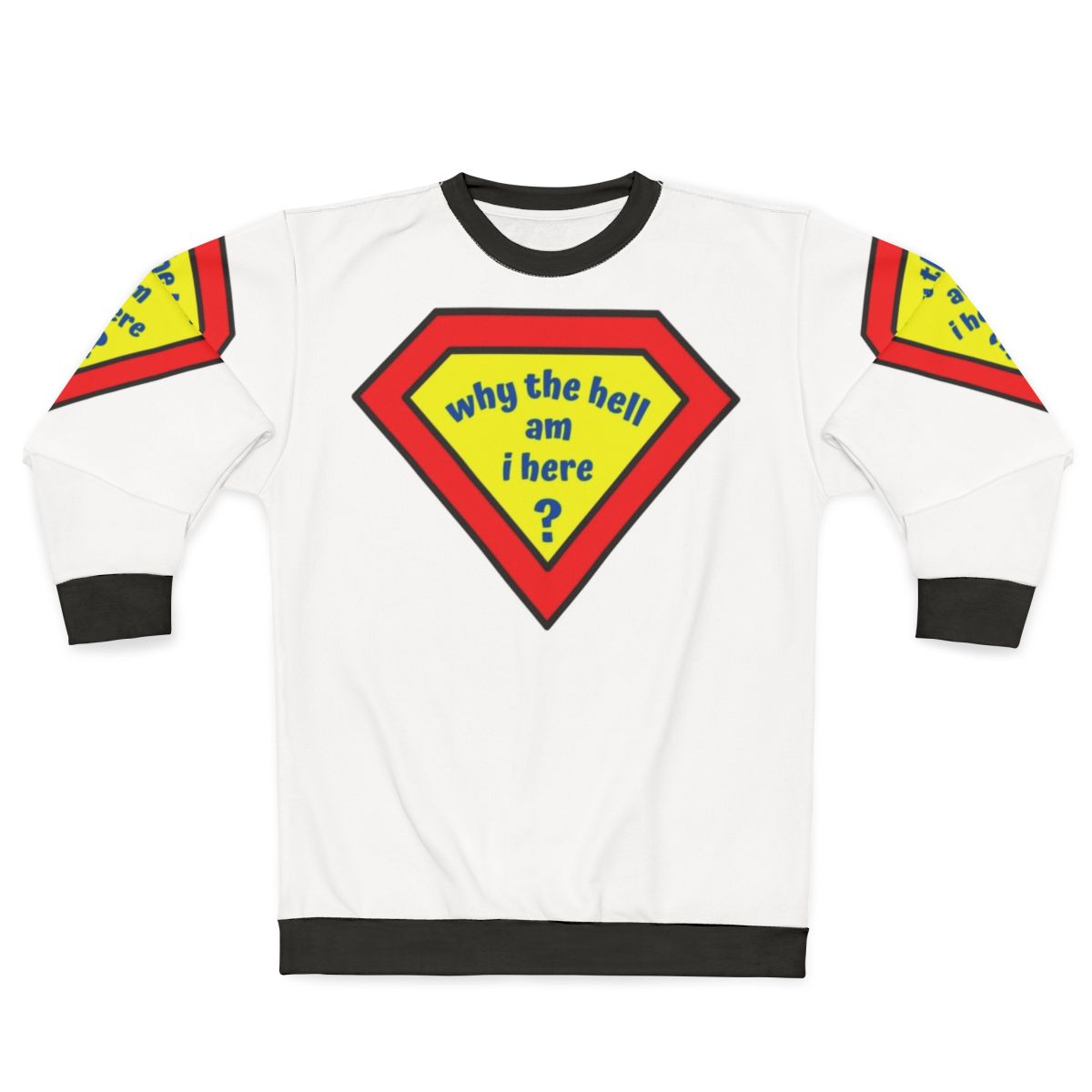 Confused superhero character on a sweatshirt