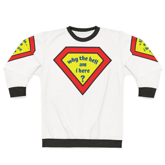 Confused superhero character on a sweatshirt