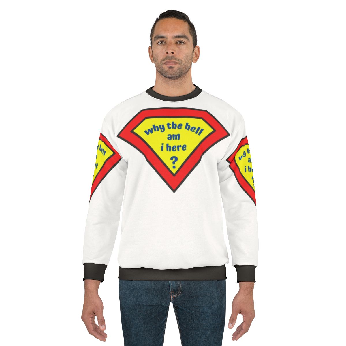 Confused superhero character on a sweatshirt