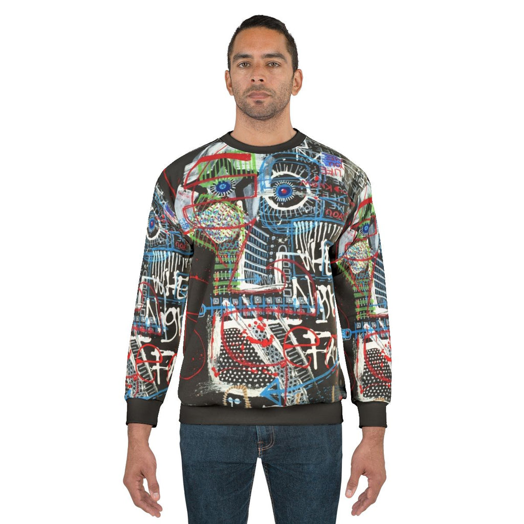 Contemplating abstract sweatshirt with neo expressionist word art