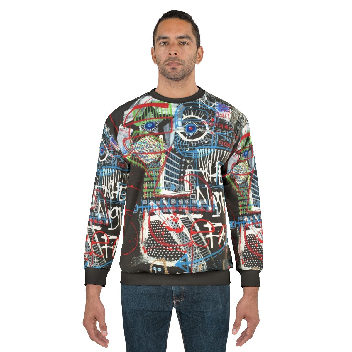 Contemplating abstract sweatshirt with neo expressionist word art