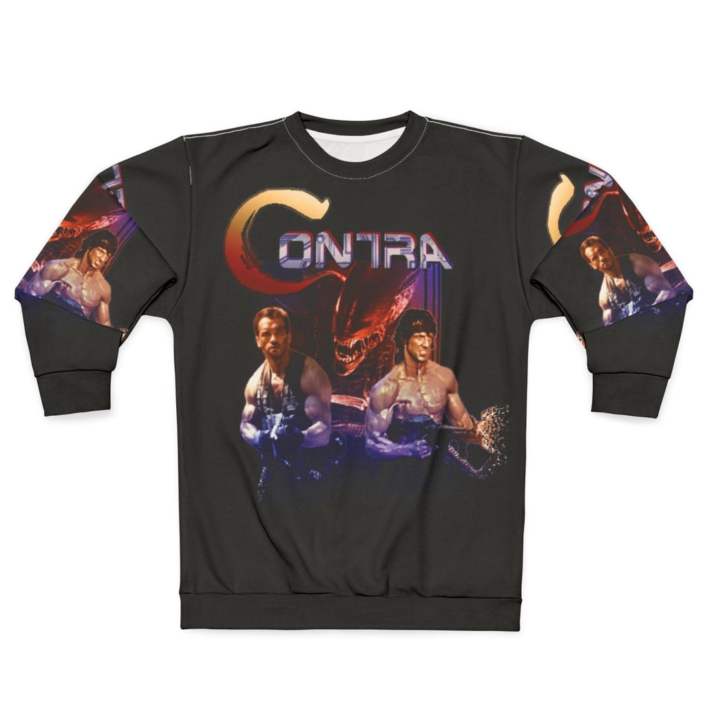 Retro Contra inspired sweatshirt with pixel art design