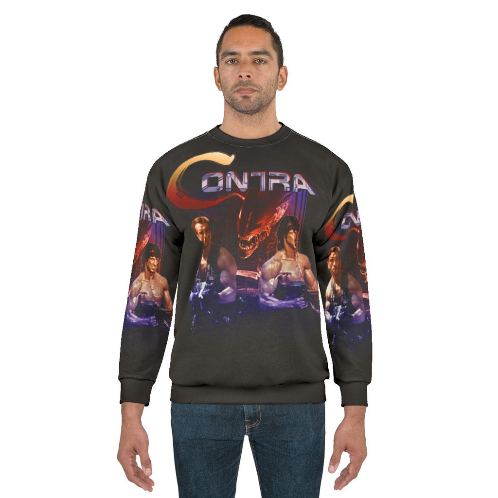 Retro Contra inspired sweatshirt with pixel art design