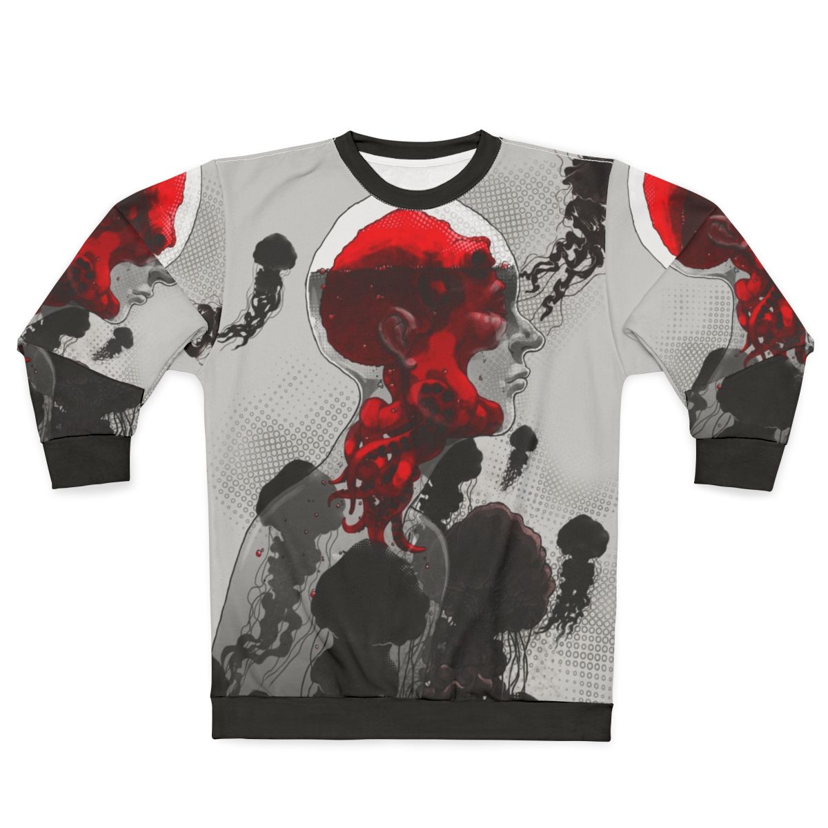 Sweatshirt featuring a surreal, illustrated design with aquatic monsters and psychedelic swirls