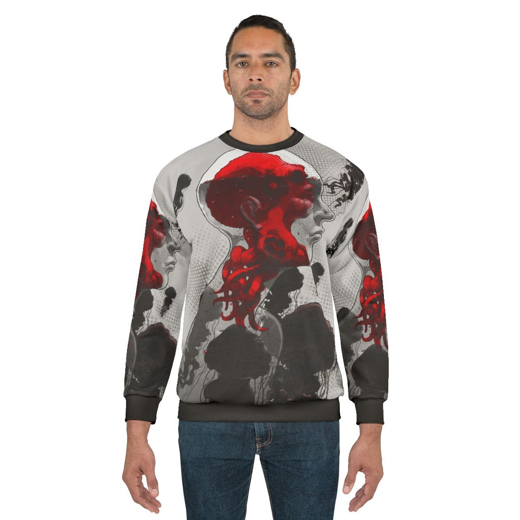 Sweatshirt featuring a surreal, illustrated design with aquatic monsters and psychedelic swirls